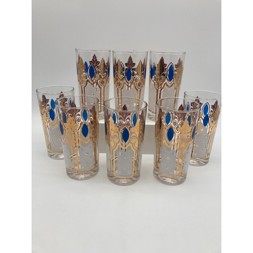 Vintage Gold Cobalt Blue Moroccan Medallion Highball Tumbler Glasses Set of 8